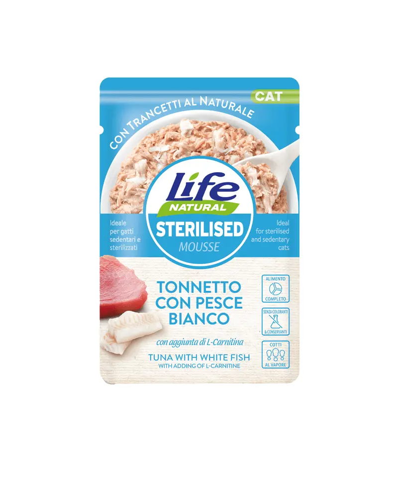 Hrana Umeda Pisici, Life Natural Sterilizat Mousse Ton si Peste Alb, 70 g