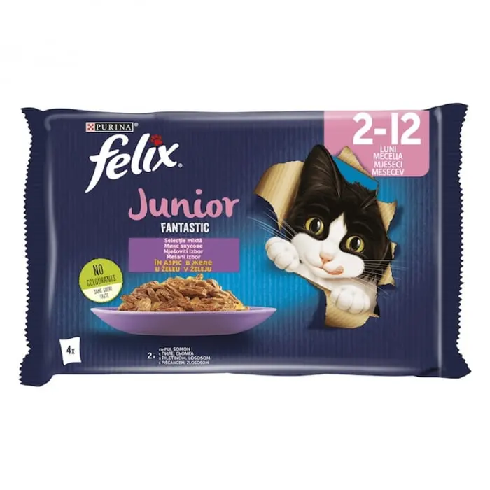 Set 4 buc x 85 gr Hrana umeda pentru pisici Felix Fantastic Junior cu pui
