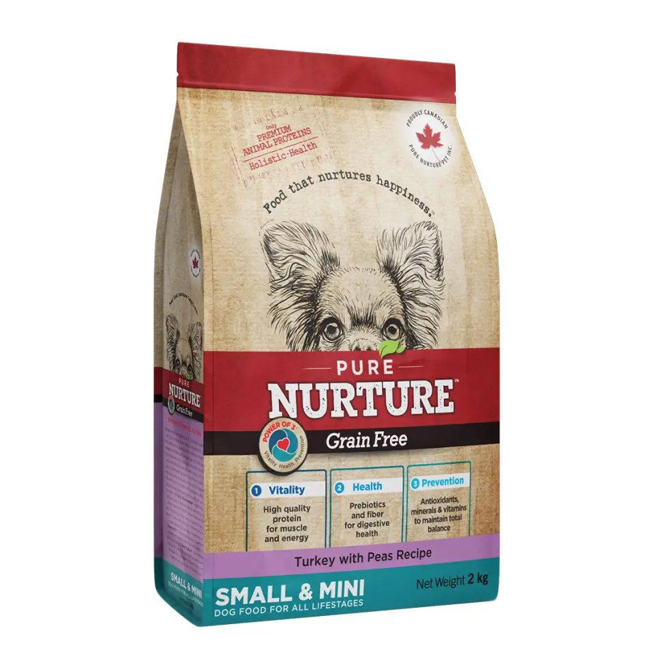 Hrana caini de talie mica si mini Pure Nurture Grainfree, cu mazare si curcan, 2 kg