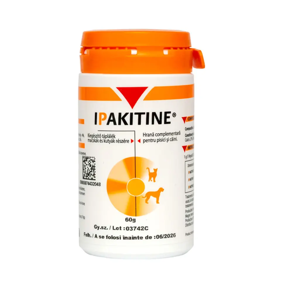 VETOQUINOL Ipakitine, supliment sistem renal câini, pudră VETOQUINOL Ipakitine, XS-XL, supliment sistem renal câini și pisici, flacon, 60g pudră