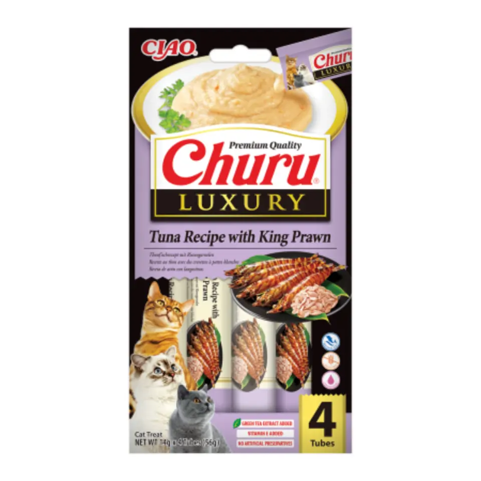 INABA Churu Luxury, Ton și Creveți, plic recompense fără cereale pisici, (piure), 56g