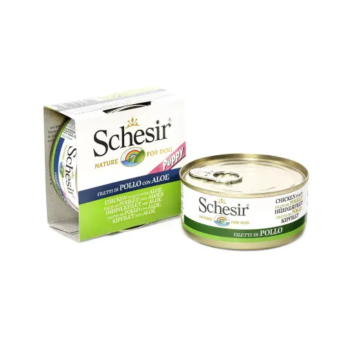 Hrana umeda pentru caini Schesir Junior cu pui si aloe, Pachet 5 X 150 g