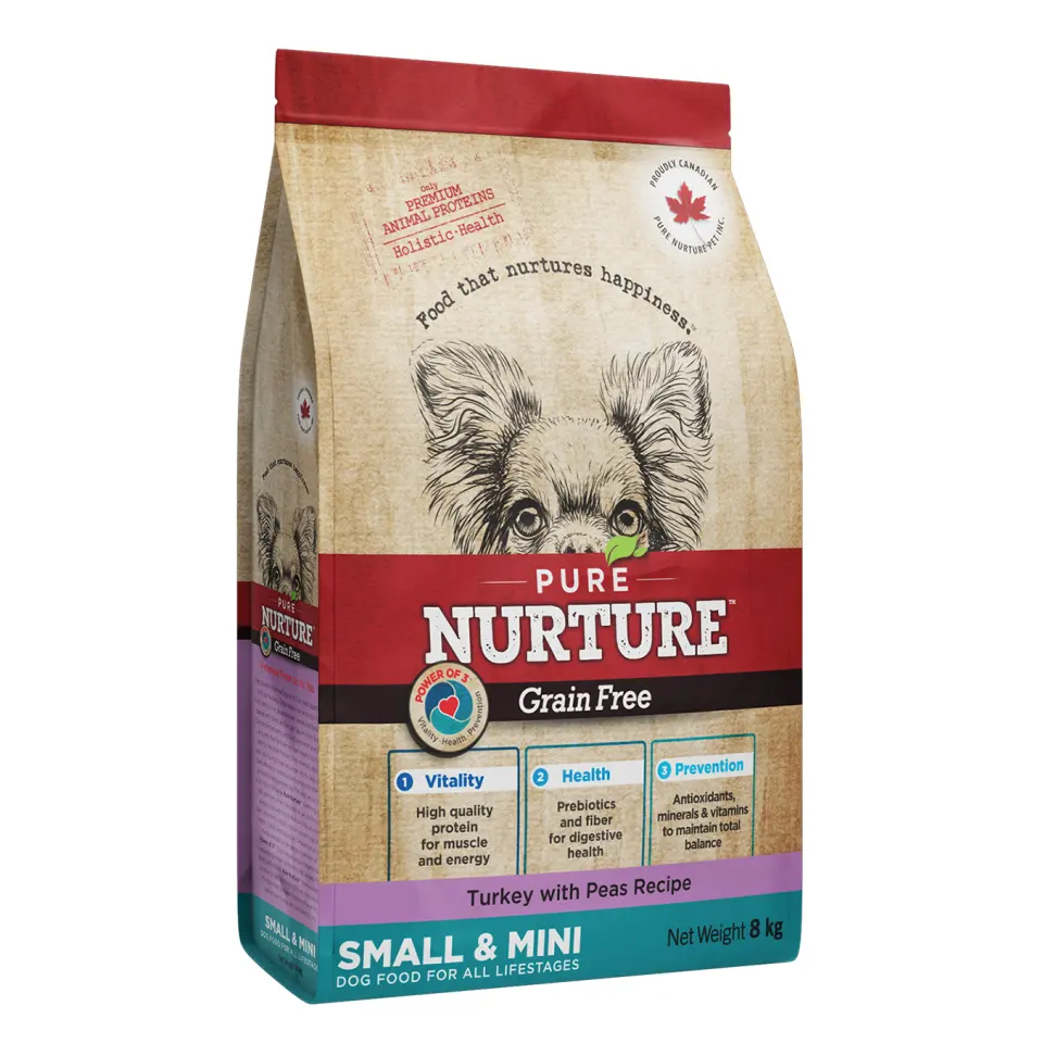 Hrana caini de talie mica si mini Pure Nurture Grainfree, cu mazare si curcan, 8 kg